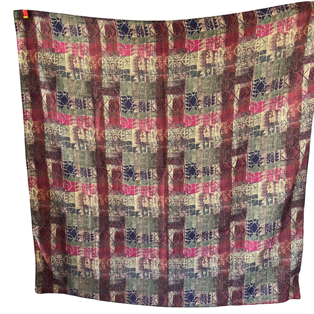 New York Studio Scarf Burgundy Green Abstract Geometric 100% Silk‎ Square 34in
